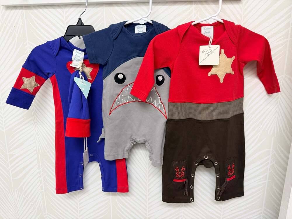 Lemon Loves Layette Boys Character Romper Assortment (Super Hero, Shark, Cowboy)